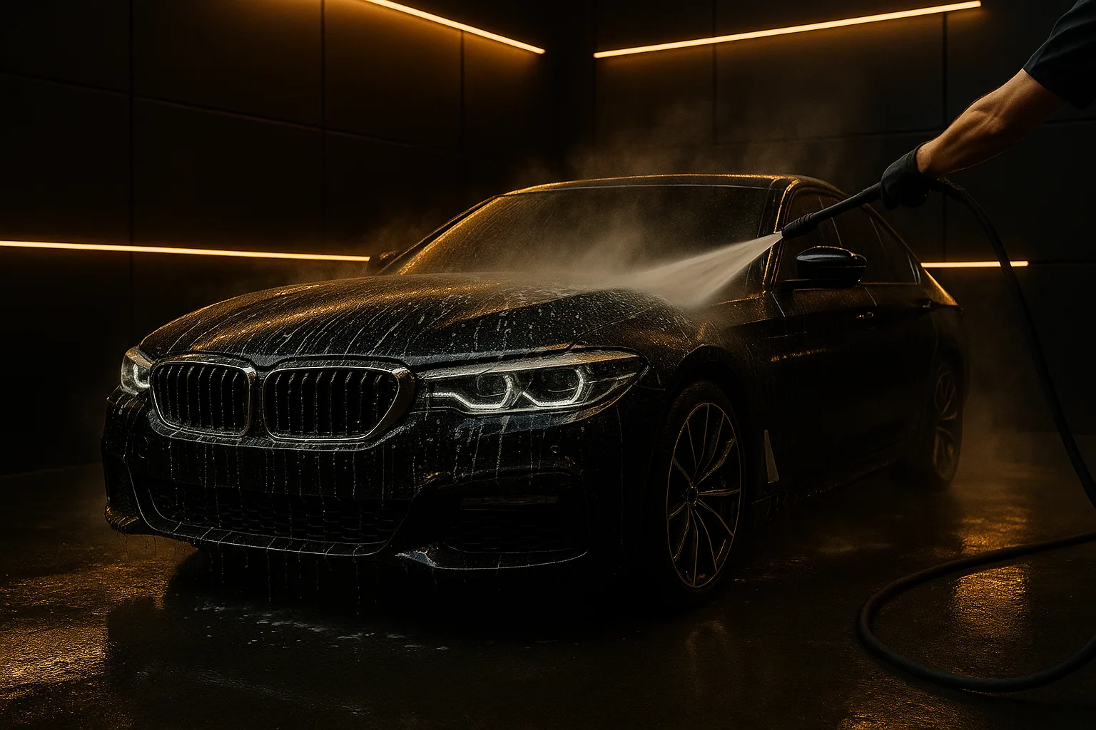 Lavage auto professionnel sur carrosserie brillante